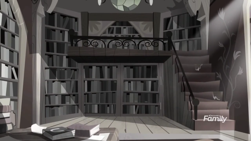 Size: 1366x768 | Tagged: book, bookshelf, derpibooru import, desaturated, discovery family logo, grayscale, library, monochrome, no pony, railing, rainbow roadtrip, safe, screencap, shelf, stairs, sunlight, table