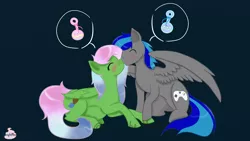 Size: 1920x1080 | Tagged: safe, artist:midnight-mocha, derpibooru import, oc, pegasus, pony, blushing, female, kissing, male, pregnant, rattles