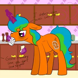 Size: 1024x1024 | Tagged: safe, artist:subtlebrush, derpibooru import, oc, oc:blade, pony, unicorn, belly, coffee, coffee mug, female, kitchen, mug, pregnant, tired