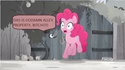Size: 1366x768 | Tagged: safe, derpibooru import, edit, edited screencap, screencap, moody root, pinkie pie, pony, rainbow roadtrip, angry, crazy rhubarb lady, desaturated, discovery family logo, eye open, fence, grayscale, monochrome, peephole, speech bubble, surprised, swearing, tree, vulgar, wooden fence, yelling