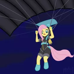 Size: 1000x1000 | Tagged: anthro, artist:phallen1, atg 2019, bunny ears, clothes, costume, dangerous mission outfit, derpibooru import, fluttershy, goggles, hoodie, newbie artist training grounds, night, parachute, safe, skydiving, solo