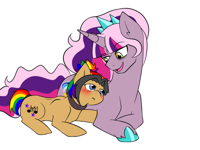 Size: 3200x2400 | Tagged: safe, artist:jolliapplegirl, derpibooru import, oc, oc:epic rhyme, oc:sirius veil, earth pony, pony, unicorn, bags under eyes, blushing, couple, cuddling, female, magical lesbian spawn, male, mare, next generation, offspring, parent:princess celestia, parent:quibble pants, parent:rainbow dash, parent:twilight sparkle, parents:quibbledash, parents:twilestia, stallion