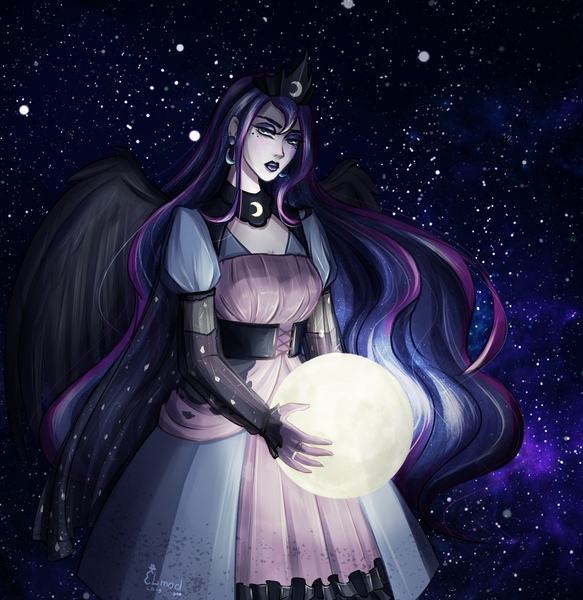 Size: 1050x1080 | Tagged: artist:elinaklyushnikova, derpibooru import, female, holding, human, humanized, moon, princess luna, safe, solo, winged humanization, wings