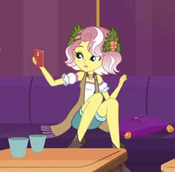Size: 1098x1080 | Tagged: safe, derpibooru import, edit, edited screencap, screencap, vignette valencia, equestria girls, equestria girls series, inclement leather, spoiler:choose your own ending (season 2), spoiler:eqg series (season 2), beauty mark, couch, cropped, cup, female, flower, flower in hair, holly, inclement leather: vignette valencia, legs, looking at camera, mobile phone, phone, pillow, pose, smartphone, solo focus, table