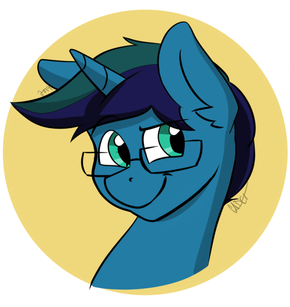 Size: 1280x1351 | Tagged: safe, artist:cadetredshirt, derpibooru import, oc, oc:arioso, unofficial characters only, pony, unicorn, blue coat, bust, cell shaded, circle, digital, digital art, ear fluff, glasses, green eyes, icon, male, simple background, smiling, smirk, solo, stallion, two tone hair, yellow background