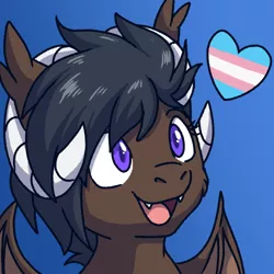 Size: 500x500 | Tagged: safe, artist:fizzy-dog, derpibooru import, oc, oc:onyx quill, unofficial characters only, dracony, dragon, hybrid, kirin, pony, blue background, horns, icon, pride, pride flag, ram horns, simple background, transgender pride flag, wings