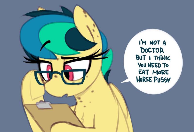 Size: 1230x841 | Tagged: suggestive, artist:shinodage, derpibooru import, oc, oc:apogee, unofficial characters only, pegasus, pony, clipboard, dialogue, female, freckles, glasses, horse pussy, imminent cunnilingus, mare, open mouth, seems legit, simple background, solo, solo female, speech bubble