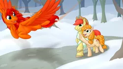 Size: 1280x720 | Tagged: safe, artist:mythpony, derpibooru import, bright mac, pear butter, oc, oc:goldenfox, pegasus, pony, brightbutter, clothes, female, flying, male, scarf, shipping, snow, stallion, straight