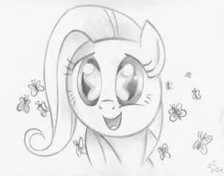 Size: 6216x4872 | Tagged: safe, artist:flutterstormreturns, derpibooru import, fluttershy, butterfly, pegasus, pony, amazed, bust, eye reflection, female, filly, filly fluttershy, full face view, monochrome, open mouth, reflection, smiling, so many wonders, solo, traditional art, younger