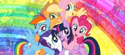 Size: 3091x1356 | Tagged: safe, derpibooru import, official, applejack, fluttershy, pinkie pie, rainbow dash, rarity, twilight sparkle, twilight sparkle (alicorn), alicorn, earth pony, pegasus, pony, unicorn, rainbow roadtrip, facebook, facebook header, female, friendship day, group hug, happy, hug, mane six, mare, rainbow background