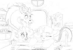 Size: 3500x2400 | Tagged: safe, artist:skitsniga, derpibooru import, discord, spike, twilight sparkle, blanket, boat, book, bookshelf, candle, chair, female, lineart, male, plushie, quill, sleeping, trophy