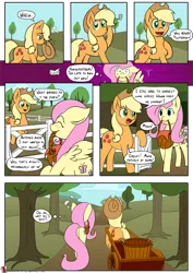 Size: 955x1350 | Tagged: safe, artist:teabucket, deleted from derpibooru, derpibooru import, applejack, fluttershy, earth pony, pegasus, pony, comic:poison apple, apple, apple tree, appleshy, basket, c:, comic, female, food, lesbian, mare, mouth hold, nervous, patreon, patreon logo, picnic basket, potion, shipping, shrunken pupils, smiling, sweet apple acres, thought bubble, tree