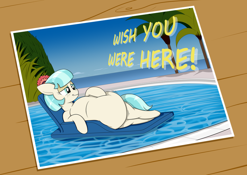 Size: 1351x955 | Tagged: suggestive, artist:teabucket, deleted from derpibooru, derpibooru import, coco pommel, earth pony, pony, belly, big belly, blushing, female, fetish, lidded eyes, mare, postcard, solo, solo female, swimming pool, vore, wish you were here