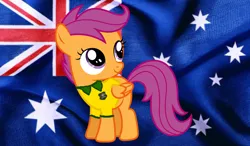 Size: 1000x583 | Tagged: safe, derpibooru import, scootaloo, pegasus, pony, wallaby, the last crusade, 1000 hours in ms paint, australia, australian, australian flag, clothes, edited vector, flag, fly-half, poor quality, rugby, solo