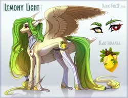 Size: 2736x2100 | Tagged: safe, artist:dark-fox01, derpibooru import, oc, oc:lemony light, unofficial characters only, pegasus, pony, chest fluff, clothes, cutie mark, female, heterochromia, mare, reference sheet, scar, socks, solo, stockings, thigh highs, unshorn fetlocks