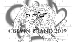 Size: 1280x740 | Tagged: safe, artist:bevin brand, deleted from derpibooru, derpibooru import, aria blaze, sunset shimmer, equestria girls, blushing, brick wall, commission, female, geode of empathy, graffiti, lesbian, lineart, magical geodes, monochrome, obtrusive watermark, official fan art, shipping, sleeveless, spray can, spray paint, sunblaze, watermark