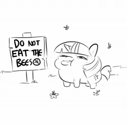 Size: 1152x1152 | Tagged: safe, artist:tjpones, derpibooru import, twilight sparkle, bee, insect, unicorn, bee sting, do not eat, female, mare, monochrome, not salmon, sign, spicy sky raisins, swollen, this ended in pain, too dumb to live, twiggie, unicorn twilight, warning sign, wat, why