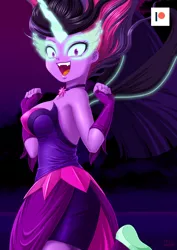 Size: 707x1000 | Tagged: safe, artist:uotapo, derpibooru import, sci-twi, twilight sparkle, equestria girls, friendship games, bare shoulders, choker, clothes, dress, fangs, female, gloves, glowing horn, horn, jewelry, looking at you, midnight sparkle, necklace, open mouth, patreon, patreon logo, solo