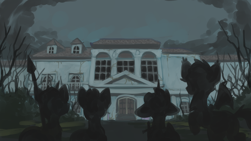 Size: 1499x844 | Tagged: safe, artist:marsminer, derpibooru import, bat pony, pony, creepy, fanfic art, mansion