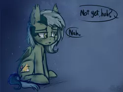 Size: 917x681 | Tagged: dead source, safe, artist:higgly-chan, derpibooru import, oc, oc:nisha, unofficial characters only, bat pony, pony, crying, dialogue, ponysona, sad, sitting, solo, vent art