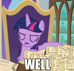 Size: 1130x1080 | Tagged: safe, derpibooru import, edit, edited screencap, screencap, twilight sparkle, twilight sparkle (alicorn), alicorn, pony, the beginning of the end, animated, bad mood, caption, chair, cropped, excuse me, floppy ears, gif, gifs.com, image macro, office, paper, solo, table, text, the legend of zelda, well excuse me princess