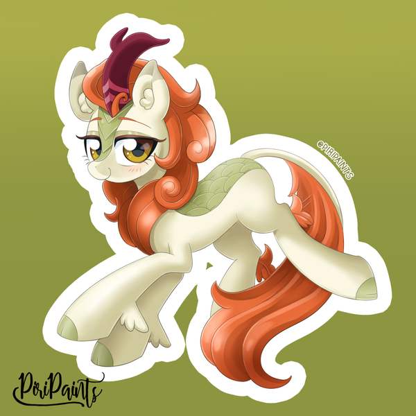 Size: 900x900 | Tagged: artist:piripaints, autumn blaze, awwtumn blaze, blushing, cloven hooves, cute, derpibooru import, female, green background, horn, jumping, kirin, leg fluff, looking at you, safe, signature, simple background, smiling, solo, sounds of silence