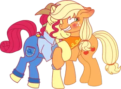 Size: 783x577 | Tagged: safe, artist:musical-medic, derpibooru import, applejack, torque wrench, pony, rainbow roadtrip, apple wrench, blushing, female, lesbian, shipping, simple background, transparent background
