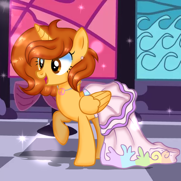 Size: 2250x2250 | Tagged: safe, artist:doraeartdreams-aspy, derpibooru import, oc, oc:aspen, unofficial characters only, alicorn, pony, alicorn oc, beautiful, clothes, dress, ear piercing, female, gala dress, hippie, horn, jewelry, mare, necklace, peace symbol, piercing, solo, wings