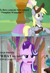 Size: 615x900 | Tagged: safe, derpibooru import, edit, edited screencap, screencap, derpy hooves, starlight glimmer, pony, a matter of principals, the point of no return, angry, cropped, dialogue, envelope, hat, implied firelight, mailmare hat, mailpony uniform, school of friendship, uh oh