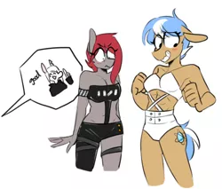 Size: 578x493 | Tagged: anthro, anthro oc, armpits, artist:redxbacon, blushing, breasts, clothes, derpibooru import, female, mare, midriff, oc, oc:atom bit, oc:cherry stone, oc:rubber bunny, smiling, suggestive