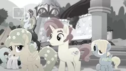 Size: 1366x768 | Tagged: safe, derpibooru import, screencap, dawn droplet, jasmine breeze, rich harvest, unnamed character, unnamed pony, pony, rainbow roadtrip, background pony, building, colt, desaturated, discovery family logo, family, father and child, father and son, female, flower, grayscale, hope hollow, male, monochrome, mother and child, mother and son, sideburns