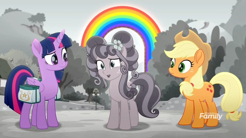 Size: 1366x768 | Tagged: safe, derpibooru import, screencap, applejack, petunia petals, twilight sparkle, twilight sparkle (alicorn), alicorn, earth pony, pony, rainbow roadtrip, bag, colored, confused, cute, desaturated, discovery family logo, female, grayscale, hope hollow, jackabetes, mare, monochrome, petalbetes, rainbow, saddle bag, trio, twiabetes