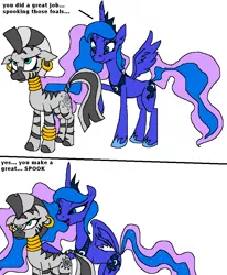 Size: 827x1005 | Tagged: safe, artist:vinny van yiffy, derpibooru import, princess luna, zecora, alicorn, pony, zebra, bracelet, comic, duo, ear piercing, earring, female, frown, jewelry, lidded eyes, mare, mouthpiece, neck rings, out of character, piercing, quadrupedal, racism, racist joke, simple background, two panels, unamused, white background