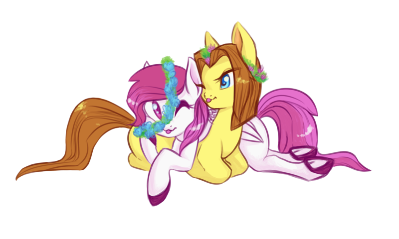 Size: 2000x1200 | Tagged: safe, artist:hippykat13, derpibooru import, oc, oc:heartbeat, oc:michpone, unofficial characters only, earth pony, pegasus, pony, :p, couple, cuddling, cute, floral head wreath, flower, frog (hoof), hooves, one eye closed, simple background, tongue out, transparent background, underhoof, wink