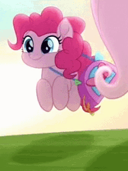 Size: 335x447 | Tagged: safe, derpibooru import, screencap, fluttershy, pinkie pie, earth pony, pegasus, pony, rainbow roadtrip, animated, cropped, cute, diapinkes, female, mare, pinkie being pinkie, ponk, pronking, solo focus, weapons-grade cute