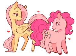 Size: 846x631 | Tagged: safe, artist:doekis, derpibooru import, fluttershy, pinkie pie, earth pony, pegasus, pony, blushing, eye contact, female, flutterpie, folded wings, head turn, heart, lesbian, looking at each other, mare, outline, shipping, simple background, smiling, standing, transparent background, white outline, wings