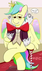 Size: 1832x3124 | Tagged: safe, artist:flavorful_sweets, derpibooru import, oc, oc:flavorful sweets, pegasus, pony, bg, bowtie, cane, clothes, crossed legs, crown, jewelry, king candy outfit, regalia, solo