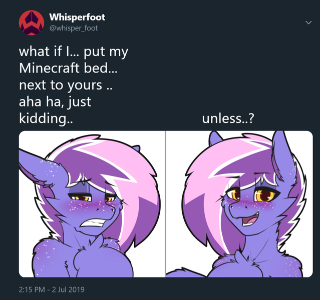 Size: 1067x1002 | Tagged: safe, artist:whisperfoot, derpibooru import, oc, oc:berry frost, unofficial characters only, pony, blushing, embarrassed, freckles, looking at you, meme, minecraft, minecraft bed meme, shoulder freckles, solo