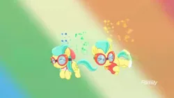 Size: 1366x768 | Tagged: safe, derpibooru import, screencap, barley barrel, pickle barrel, pony, rainbow roadtrip, barrel twins, brother and sister, discovery family logo, flying, goggles, rainbow, siblings, sparkles, twins