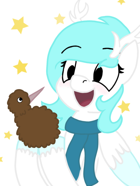 Size: 1080x1440 | Tagged: art, artist:breeze the peryton, bird, blushing, clothes, deer, deer pony, derpibooru import, digital art, drawing, hybrid, kiwi, oc, oc:breeze the peryton, original species, peryton, safe, scarf, simple background, stars, transparent background