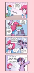 Size: 1600x3360 | Tagged: safe, artist:caibaoreturn, derpibooru import, editor:str1ker878, pinkie pie, rainbow dash, twilight sparkle, twilight sparkle (alicorn), alicorn, comic:pony washing instructions, equestria girls, chinese text, comic, plushie, swatting, washing machine