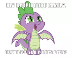 Size: 750x605 | Tagged: breaking the fourth wall, derpibooru import, dragon, edit, editor:undeadponysoldier, hands behind back, implied derpibooru, implied derpibooru family, i see what you did there, looking up, male, open mouth, safe, simple background, solo, spike, spread wings, text, white background, winged spike, wings