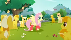 Size: 1366x768 | Tagged: safe, derpibooru import, screencap, fluttershy, unnamed character, unnamed pony, butterfly, earth pony, pegasus, pony, rainbow roadtrip, background pony, bow, clones, clothes, crowd, discovery family logo, dot cutie mark, female, flower, hair bow, hill, leg warmers, male, mane bow, mare, raised hoof, stallion, tree, yellow, yellow pony