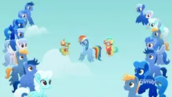 Size: 1366x768 | Tagged: safe, derpibooru import, screencap, barley barrel, pickle barrel, rainbow dash, unnamed character, unnamed pony, pegasus, pony, rainbow roadtrip, background pony, barrel twins, blue, blue pony, brother and sister, clones, cloud, colt, crowd, discovery family logo, dot cutie mark, female, filly, flying, goggles, male, mare, siblings, sky, stallion, twins