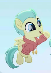 Size: 213x304 | Tagged: safe, derpibooru import, screencap, pickle barrel, pegasus, pony, rainbow roadtrip, clothes, colt, cropped, cute, flying, hoodie, male, picklebetes, smiling, waving