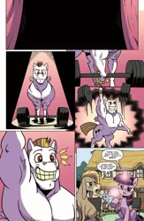 Size: 710x1091 | Tagged: alicorn, armpits, artist:pencils, barbell, bulk biceps, cranky doodle donkey, derpibooru import, idw, preview, safe, spoiler:comic, spoiler:comic79, twilight sparkle, twilight sparkle (alicorn)