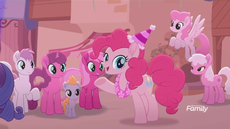 Size: 1366x768 | Tagged: safe, derpibooru import, screencap, pinkie pie, rarity, thistle rain, unnamed character, unnamed pony, earth pony, pegasus, pony, unicorn, rainbow roadtrip, background pony, crowd, discovery family logo, dot cutie mark, female, filly, flying, hat, lei, male, mare, party hat, pink, pink pony, stallion