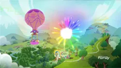 Size: 1366x768 | Tagged: safe, derpibooru import, screencap, applejack, fluttershy, pinkie pie, rainbow dash, rarity, twilight sparkle, twilight sparkle (alicorn), alicorn, pony, rainbow roadtrip, discovery family logo, explosion, fire hazard, fireworks, flying, forest, hill, hope hollow, hot air balloon, mane six, rainbow, road, sky, tree, twilight sparkle's balloon