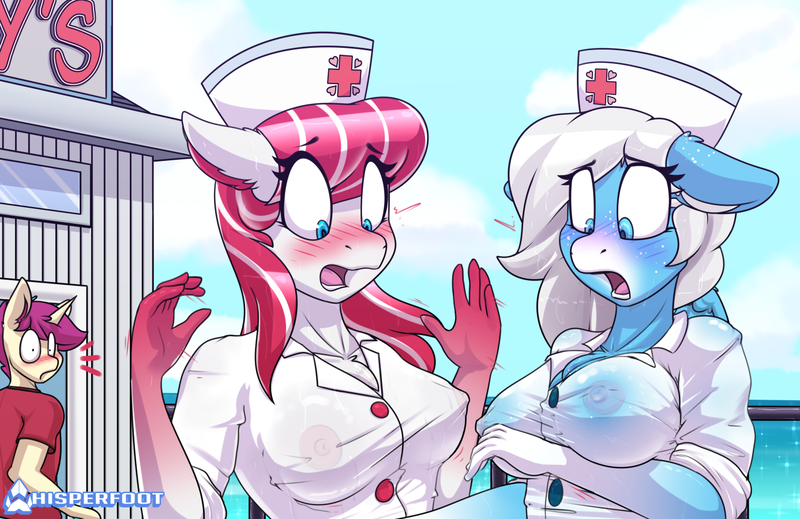 Size: 1387x900 | Tagged: questionable, artist:whisperfoot, derpibooru import, oc, oc:cherry pop, oc:icy heart, unofficial characters only, anthro, earth pony, pegasus, unguligrade anthro, blushing, boob freckles, boob squish, breasts, chest fluff, chest freckles, cleavage fluff, clothes, commission, ear fluff, embarrassed, embarrassed nude exposure, erect nipples, exhibitionism, freckles, hand, humiliation, looking down, multicolored hair, nipple outline, nipples, nipple slip, nudity, nurse, open clothes, open mouth, open shirt, partial nudity, pier, public, public humiliation, public nudity, restaurant, rolled up sleeves, see-through, see-through shirt, shocked, two toned mane, wardrobe malfunction, wet clothes, wet shirt, wet t-shirt
