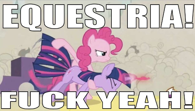 Size: 635x362 | Tagged: safe, derpibooru import, edit, edited screencap, editor:undeadponysoldier, screencap, pinkie pie, twilight sparkle, earth pony, pony, unicorn, a canterlot wedding, america fuck yeah, badass, caption, dust cloud, eyes closed, female, fuck yeah, glowing horn, horn, hub logo, image macro, mare, meme, song reference, team america: world police, text, unicorn twilight, vulgar